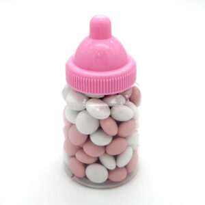 Babyflesje met chocolade dragees - Roze/wit