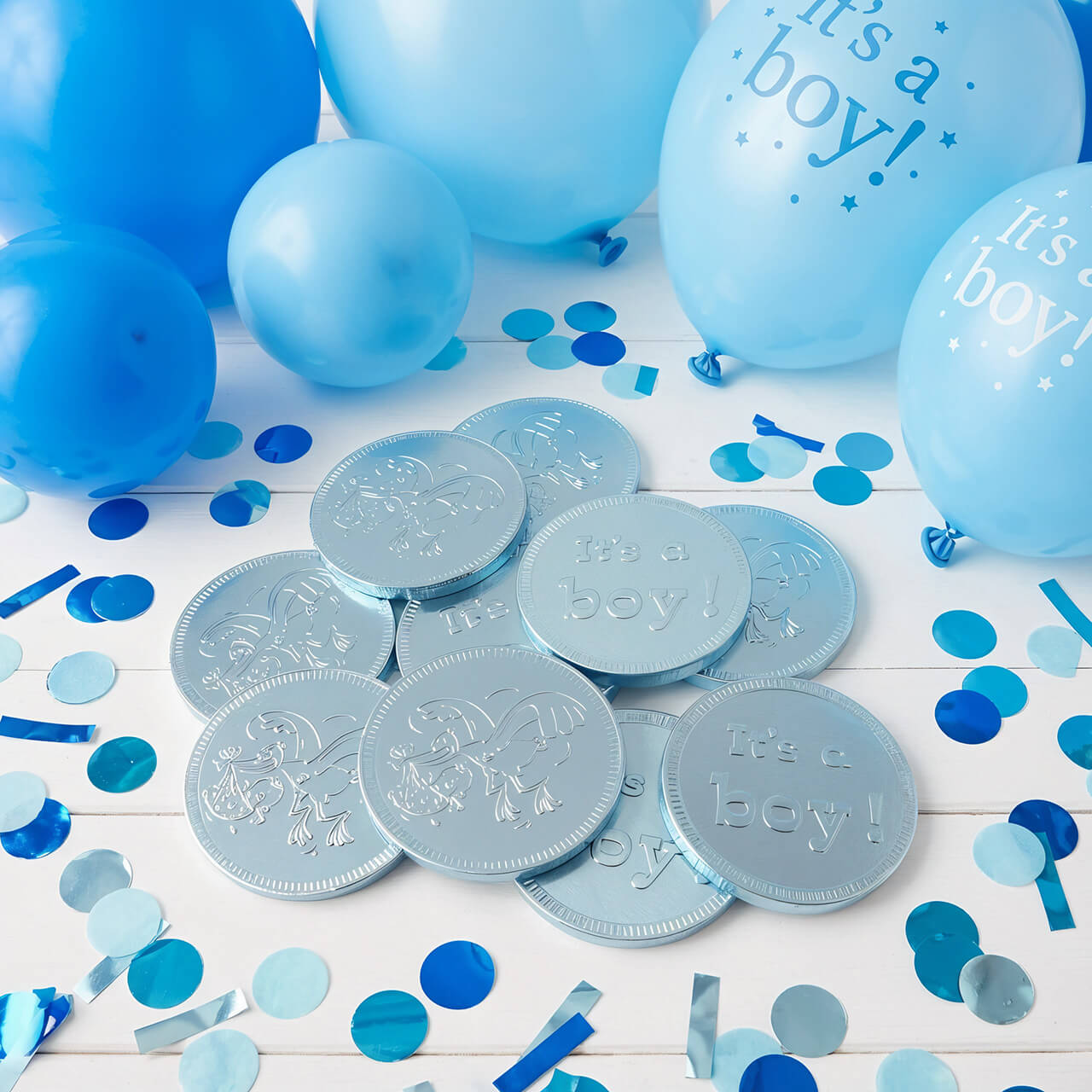 Chocolade geboorte munten it's a boy blauw