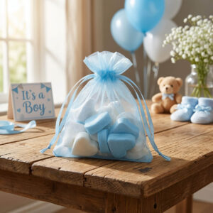 Uitdeelzakje vruchtenhartjes blauw/wit