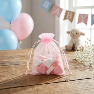 Uitdeelzakje vruchtenhartjes roze/wit