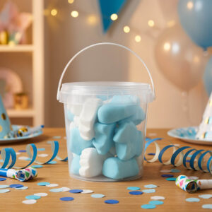 Traktatie emmertje met schuimpjes Blauw/wit