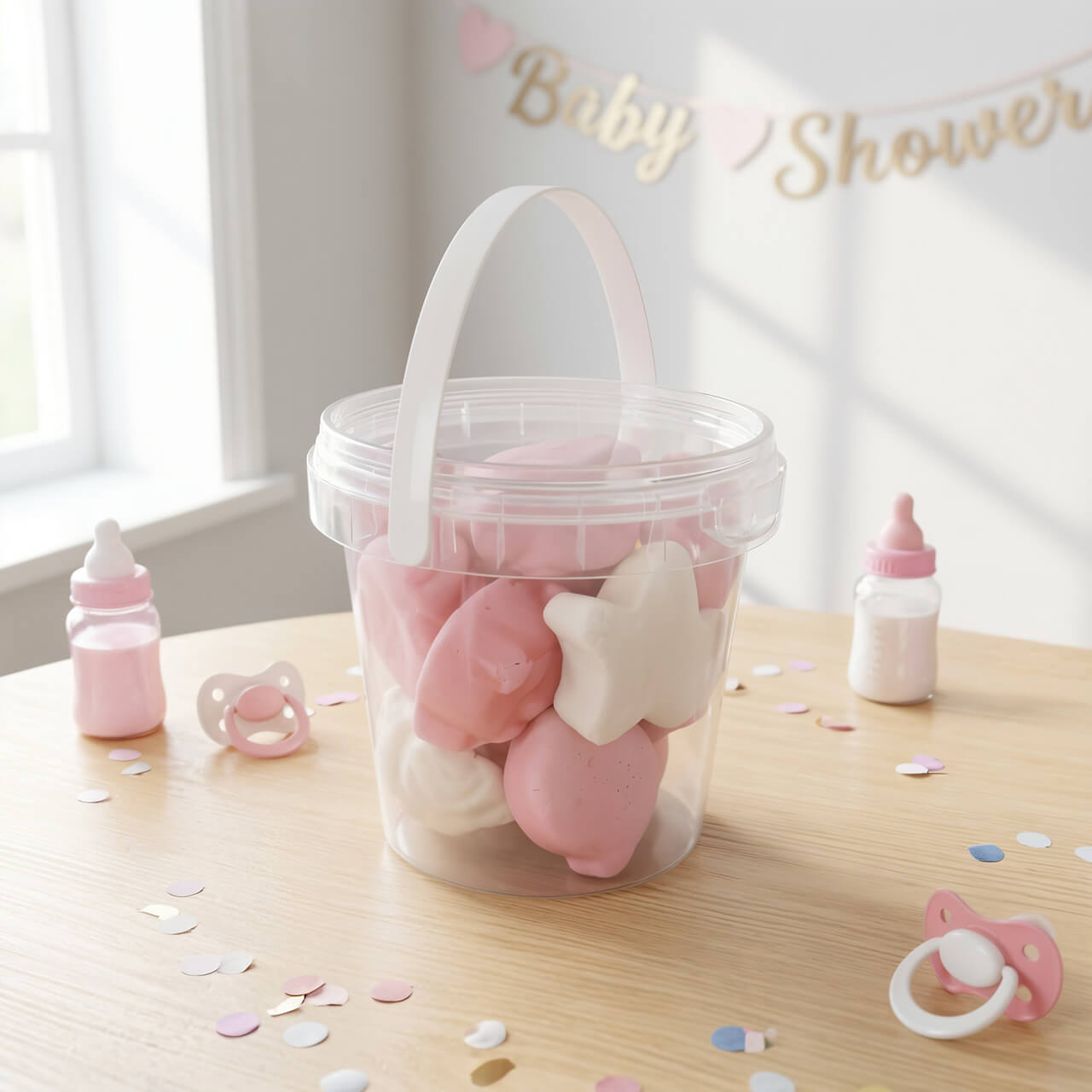 Traktatie emmertje met geboorte schuimpjes roze-wit