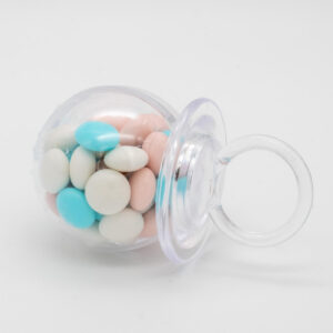 Speentje Gender Reveal gevuld met chocolade dragees blauw, roze, wit