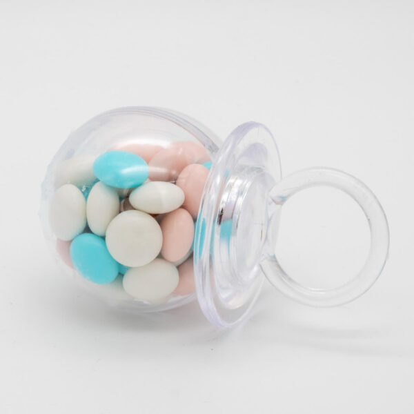 Speentje Gender Reveal gevuld met chocolade dragees blauw, roze, wit