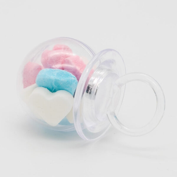 Speentje Gender Reveal gevuld met vruchtenhartjes blauw, roze, wit