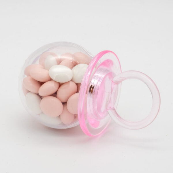 Speentje roze meisje gevuld met chocolade dragees roze wit