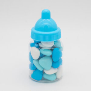 Babyflesje chocolade hartjes dragees blauw wit