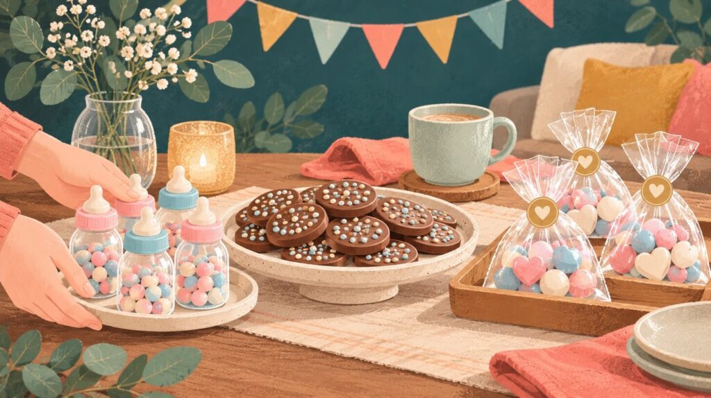 Illustratie van chocoladeflikken, gevulde babyflesjes en traktatiezakjes op een feestelijke koffietafel.