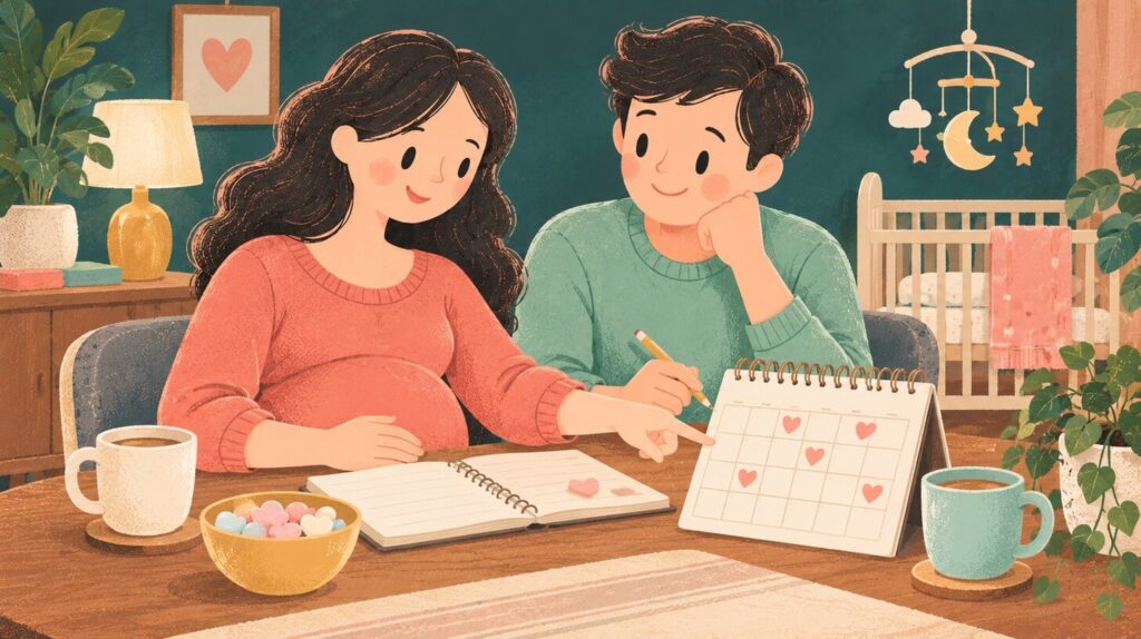 Illustratie van aanstaande ouders die samen kraamvisite plannen met een kalender en een notitieboek.
