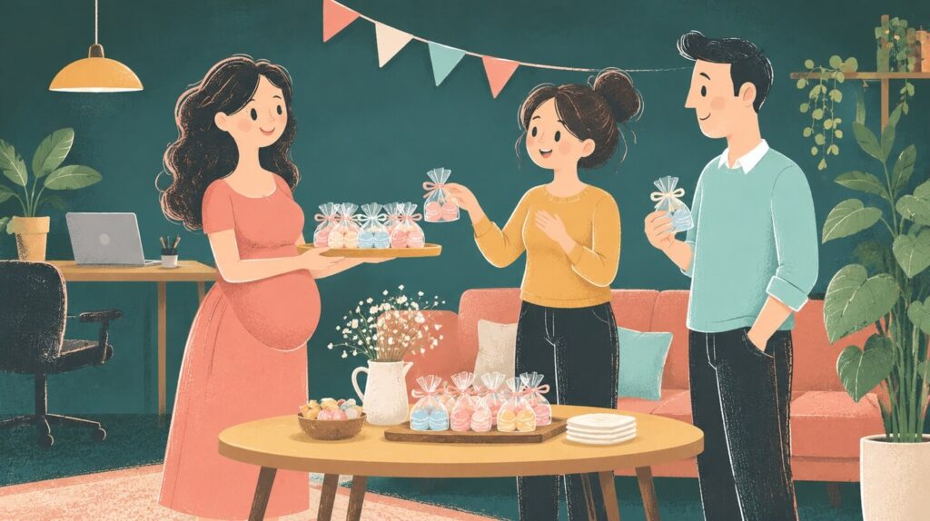 Zwangere collega deelt zakjes met feestelijke snoepjes uit tijdens een koffiemoment op het werk.